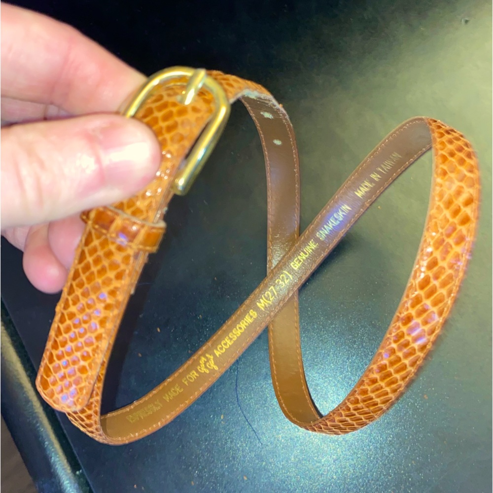 Vintage Genuine Snakeskin Thin Cognac Brown Belt